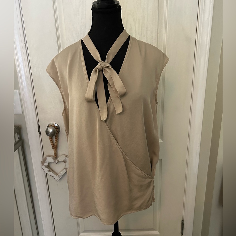 COPY - Theory Silk Tan Sleeveless Relaxed WrapBlouse
